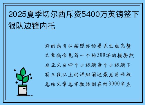 2025夏季切尔西斥资5400万英镑签下狼队边锋内托